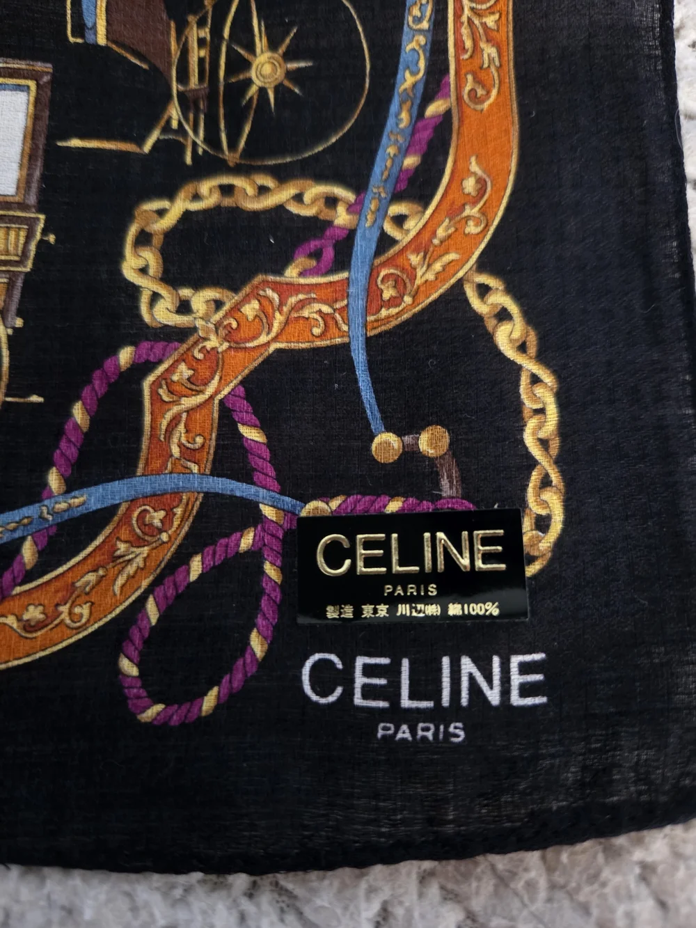 CELINE Black Gold Square Scarf Carriage Chain Rope Print Logo